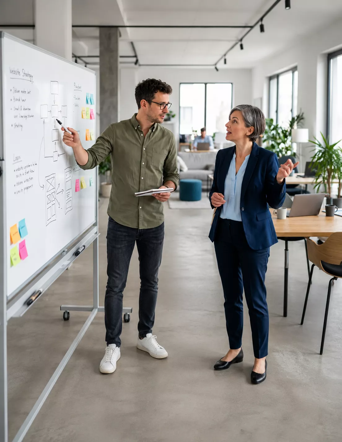 Consultants discussing a digital strategy workflow at a whiteboard