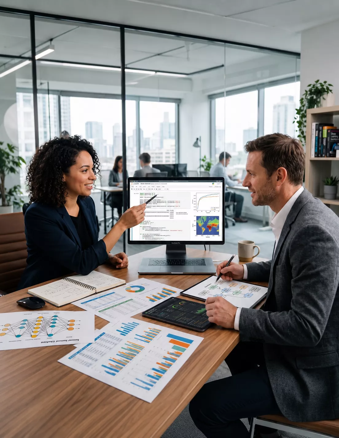 Business consultants reviewing analytics and workflow diagrams in an office