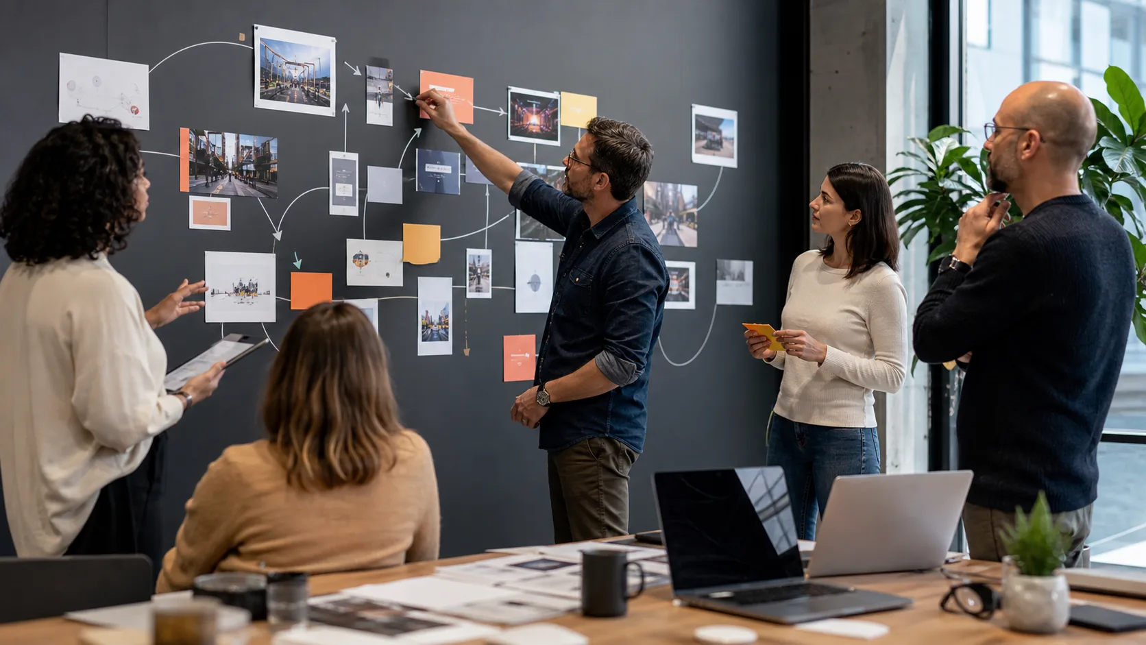 Advertising strategy team mapping a connected customer journey across digital and physical media