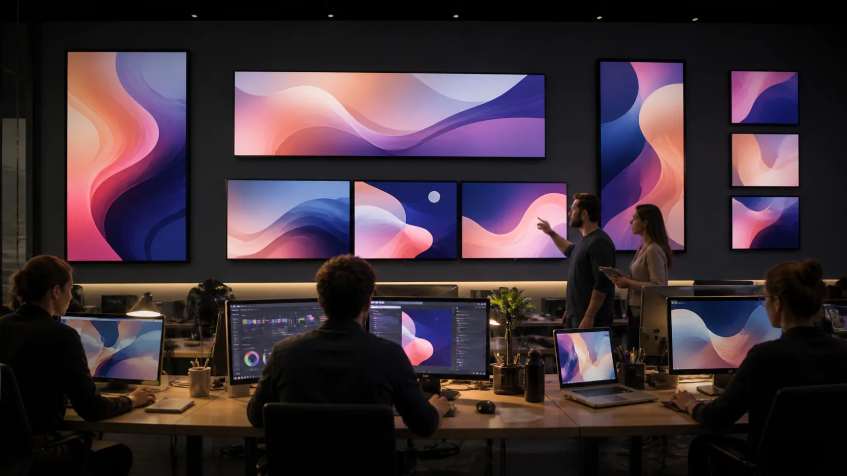 Content team coordinating one visual system across digital signage screens of different formats