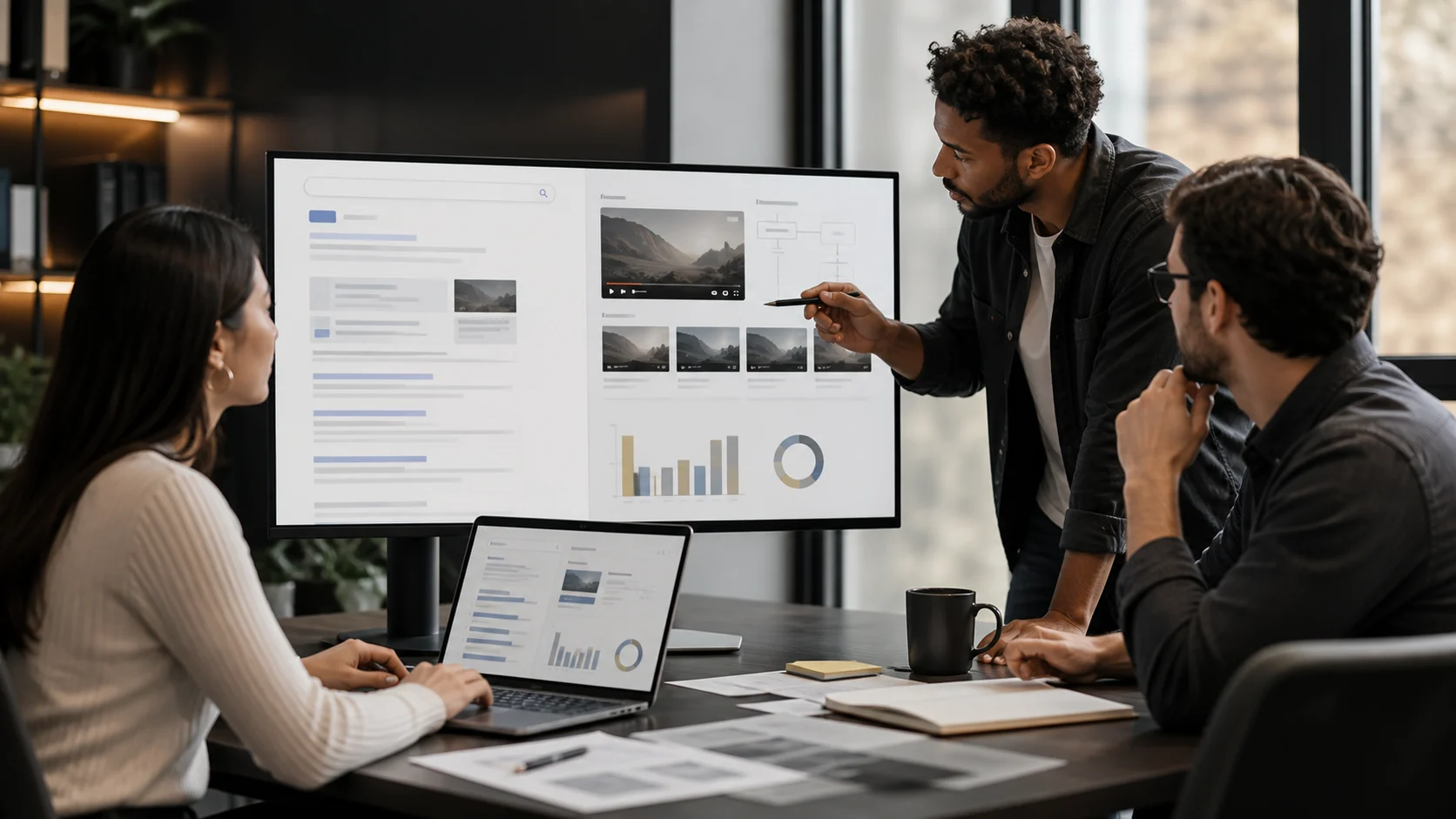 Advertising team reviewing search and video campaign plans on a large display
