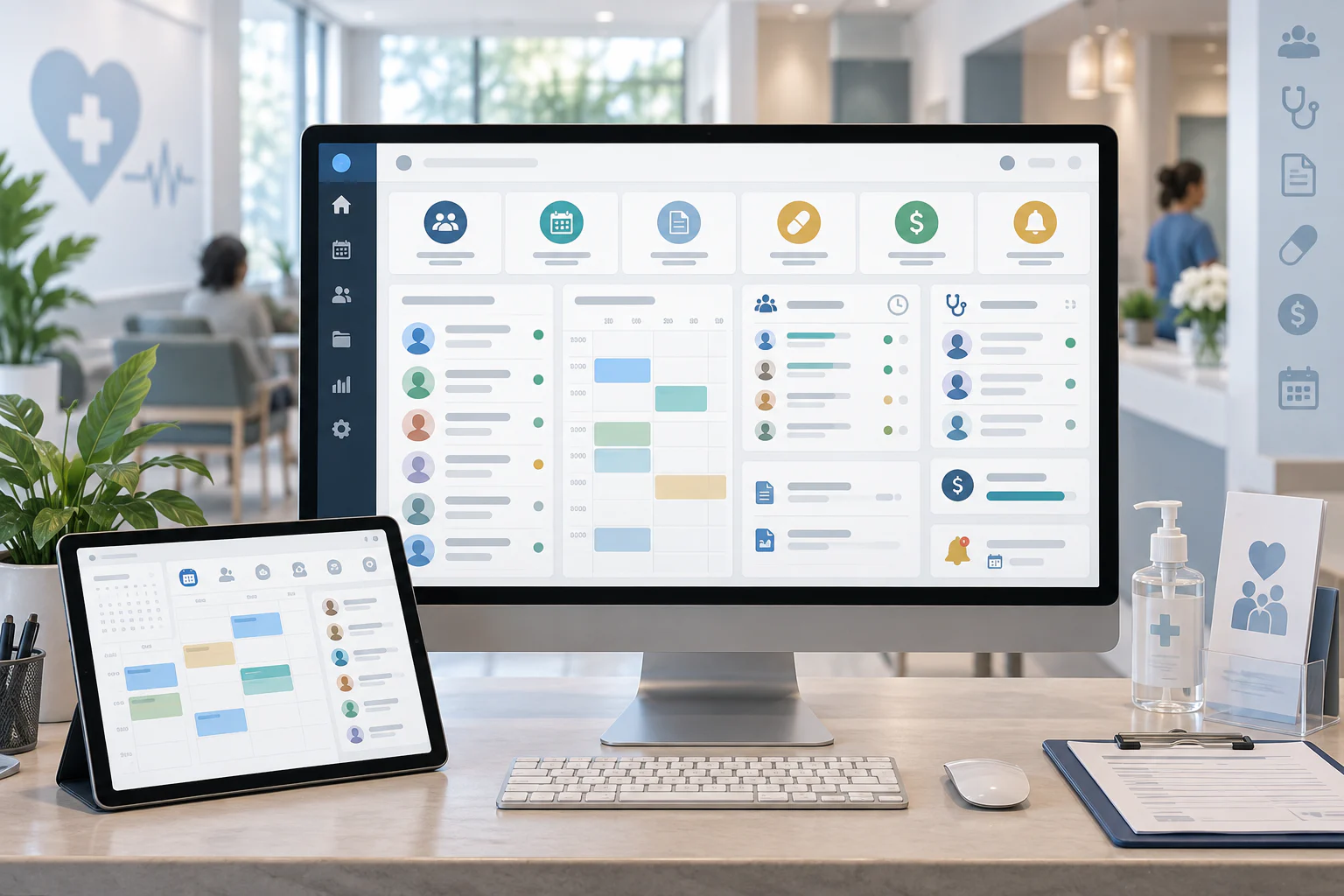 Clinic operations dashboard showing appointments, queues, shared records, and follow-up reminders