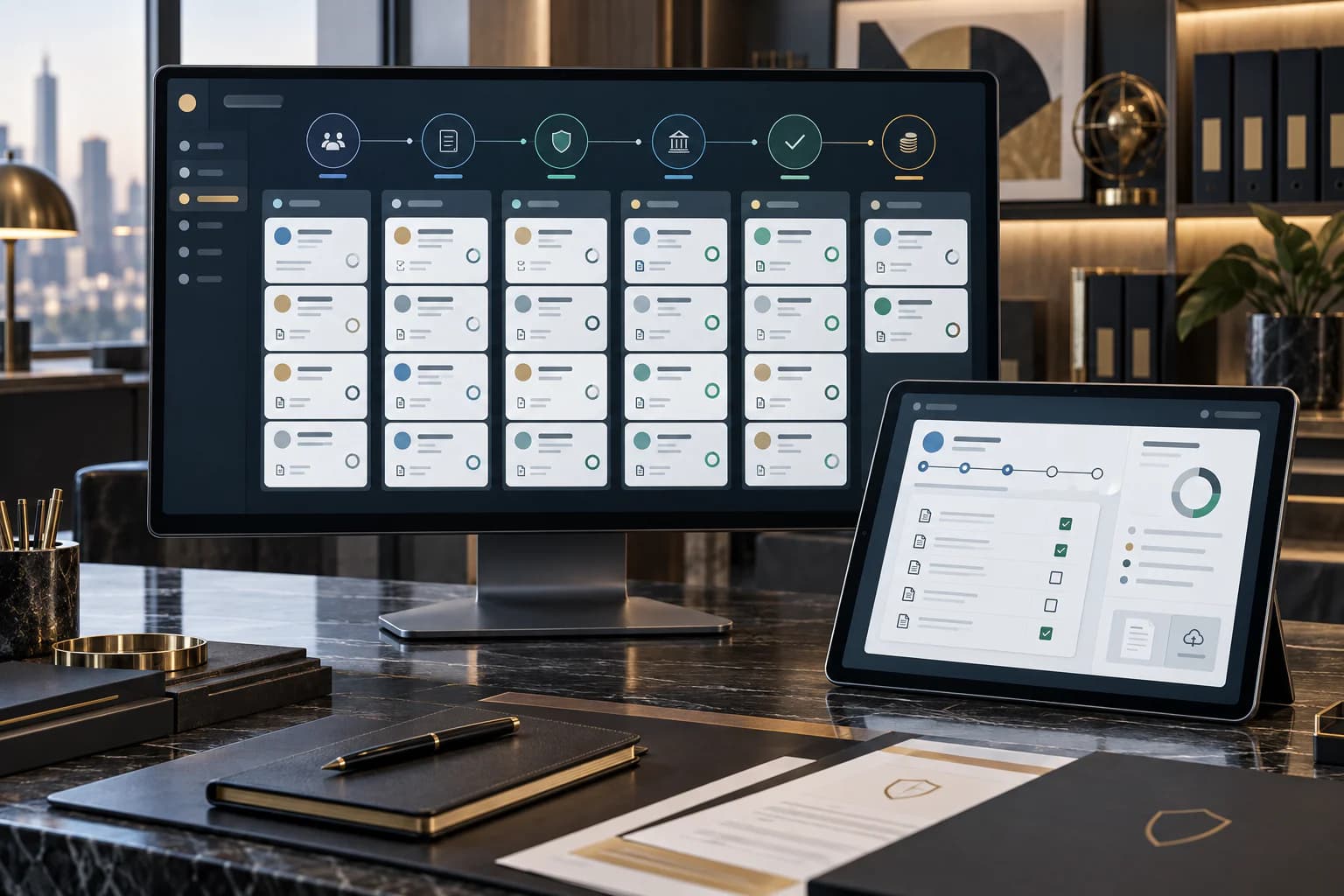 Loan CRM dashboard showing application stages, document checks, and processing progress