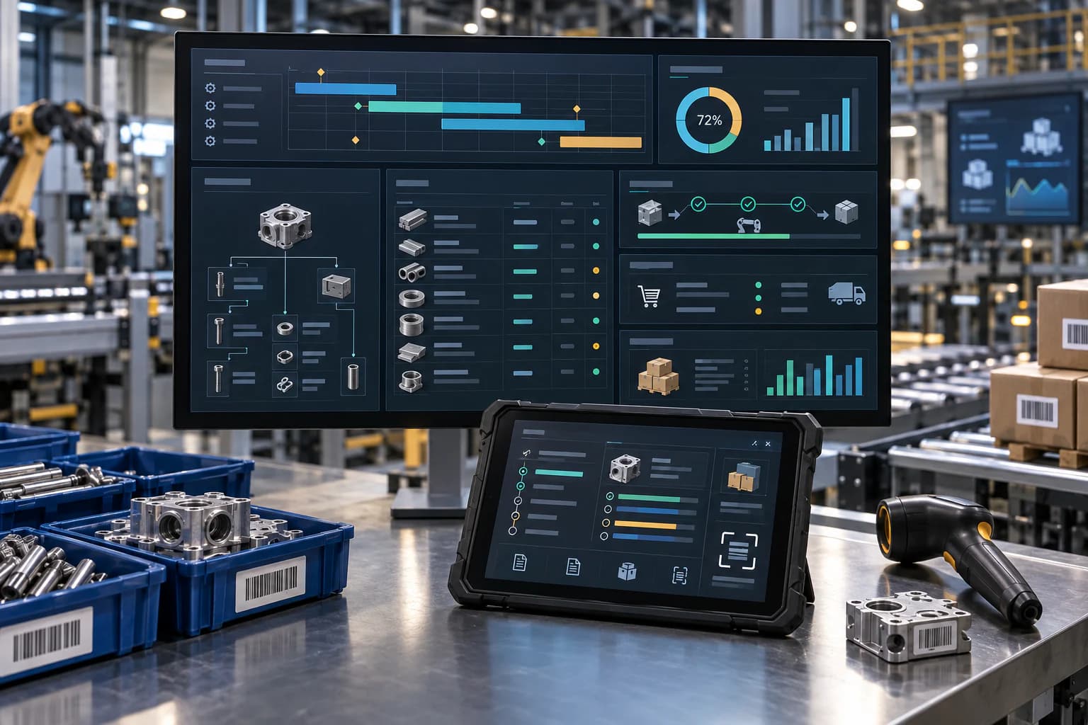 Manufacturing dashboard showing production plans, material inventory, work orders, and stock movement