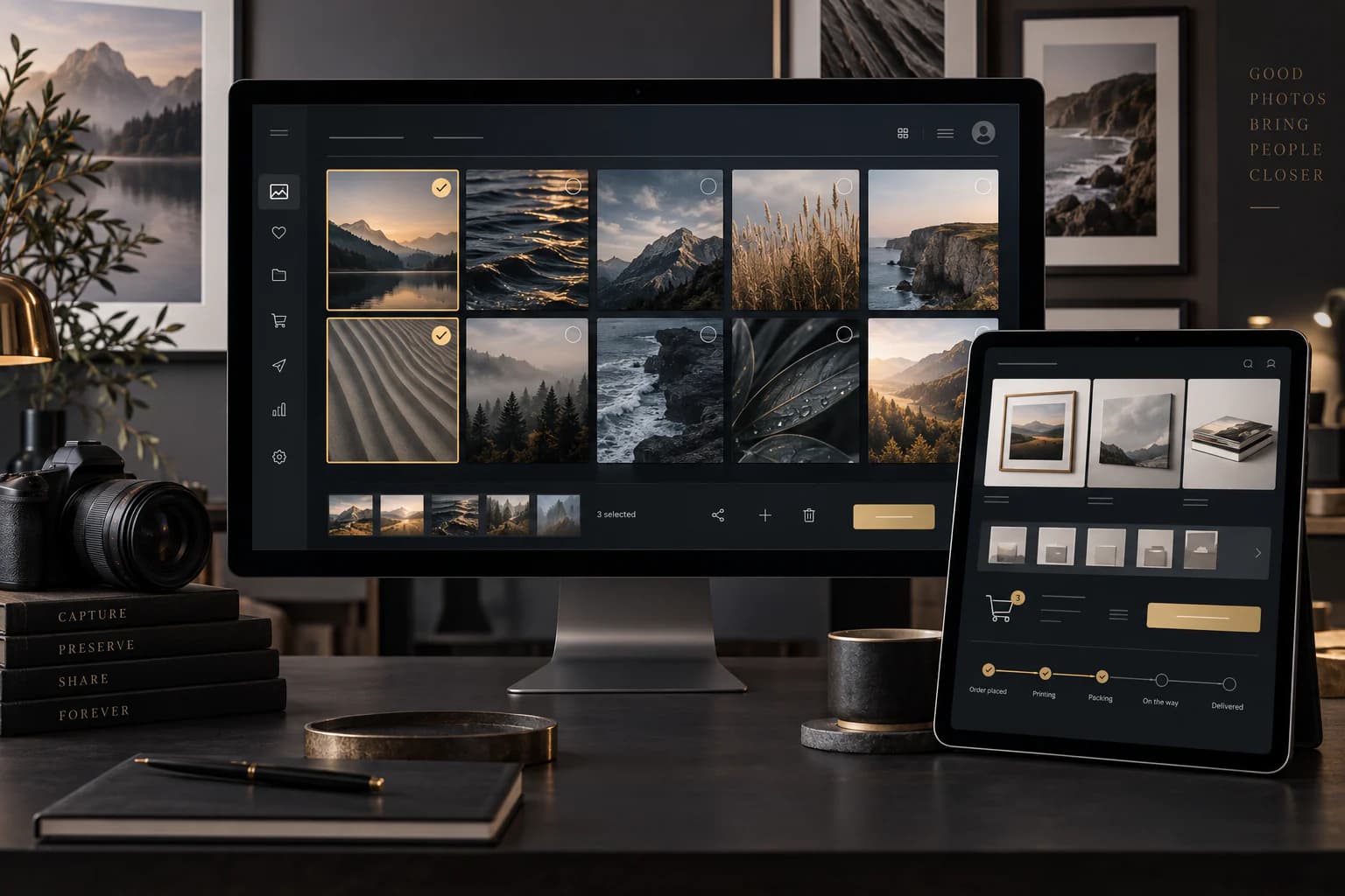 Photography delivery platform showing gallery selections, print products, and order progress