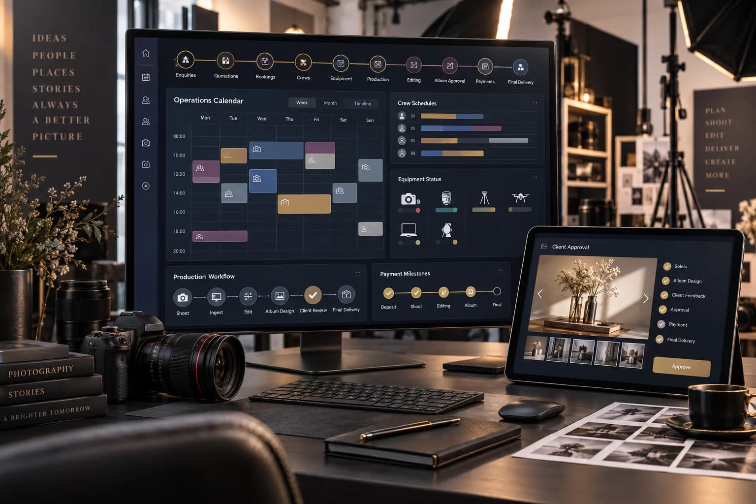 Photography studio dashboard coordinating bookings, crews, equipment, production, and approvals