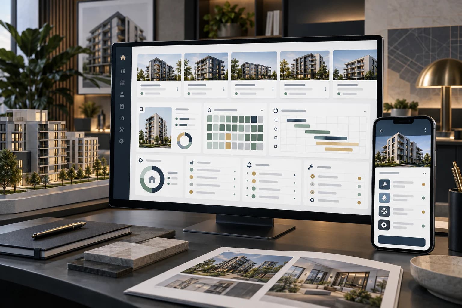 Property management dashboard showing units, leases, occupancy, rent status, and maintenance