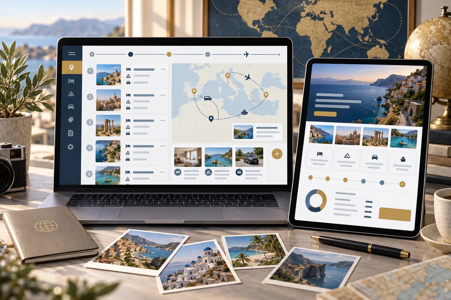 Travel planning dashboard combining destinations, itinerary days, transfers, and package details