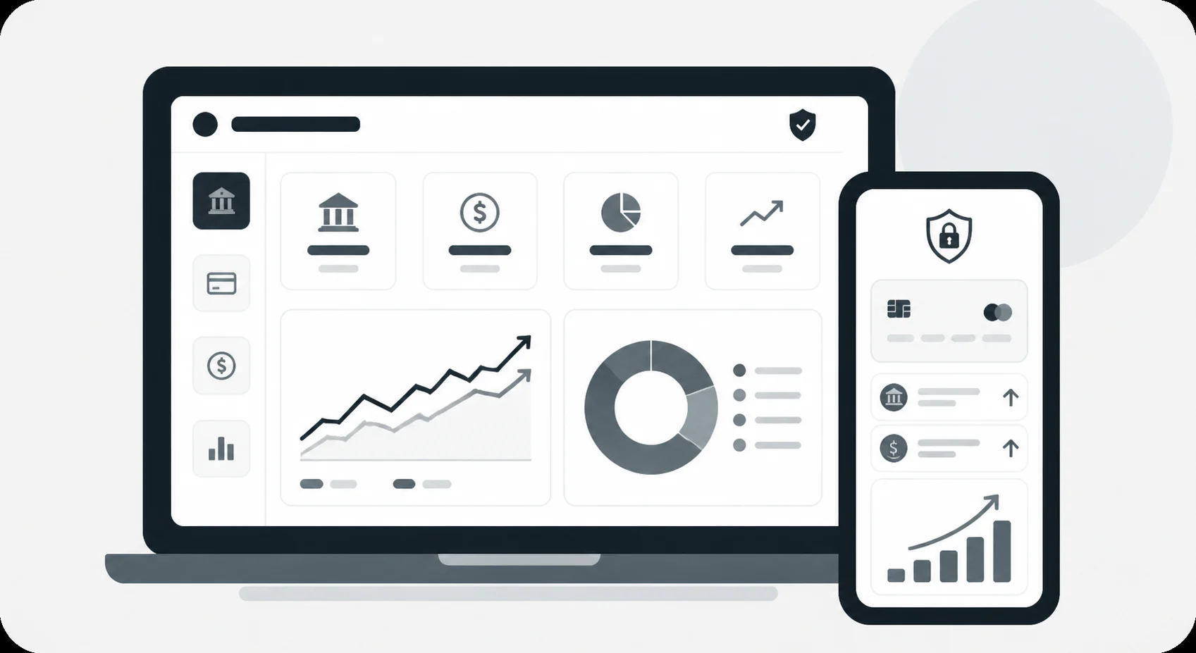 Financial services dashboard with secure banking, portfolio allocation, and growth charts
