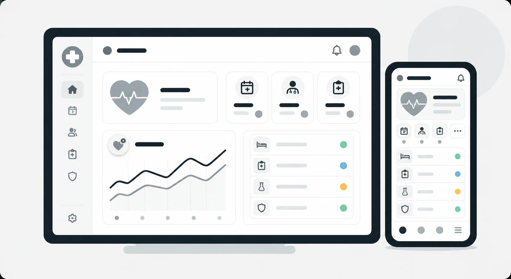 Healthcare operations dashboard with patient services, appointments, secure records, and health activity charts