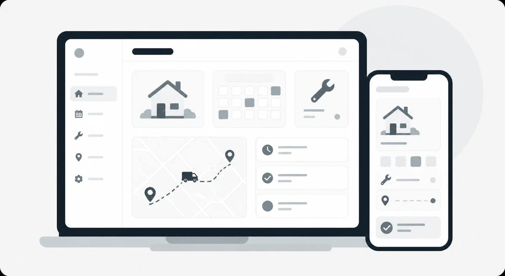 Home services scheduling dashboard with house, calendar, tools, and technician route tracking