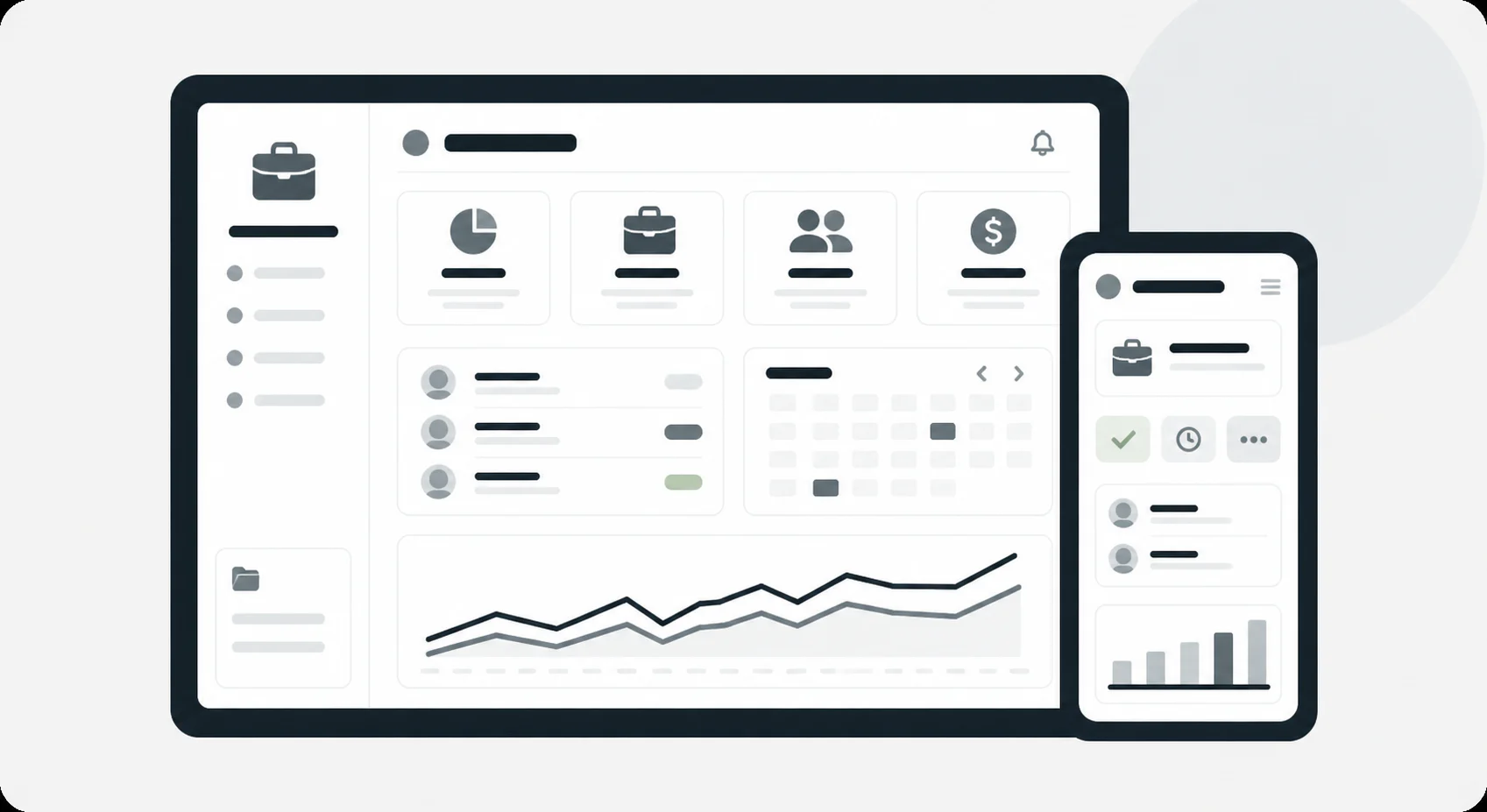 Professional services dashboard with client profiles, project calendar, portfolio, and performance charts