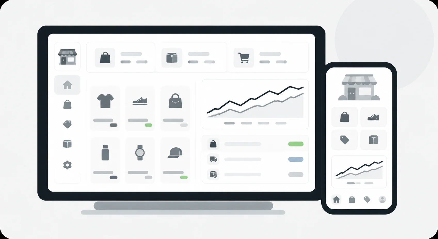 Retail operations dashboard with storefront, product inventory, orders, and sales trend charts