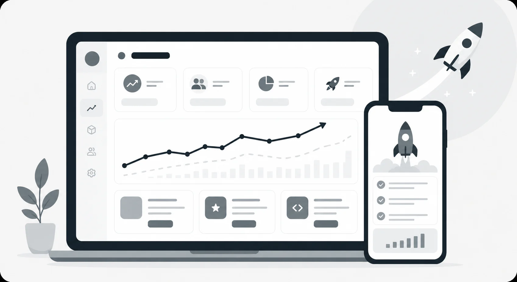 Startup growth dashboard displayed on desktop and mobile devices with launch and analytics icons