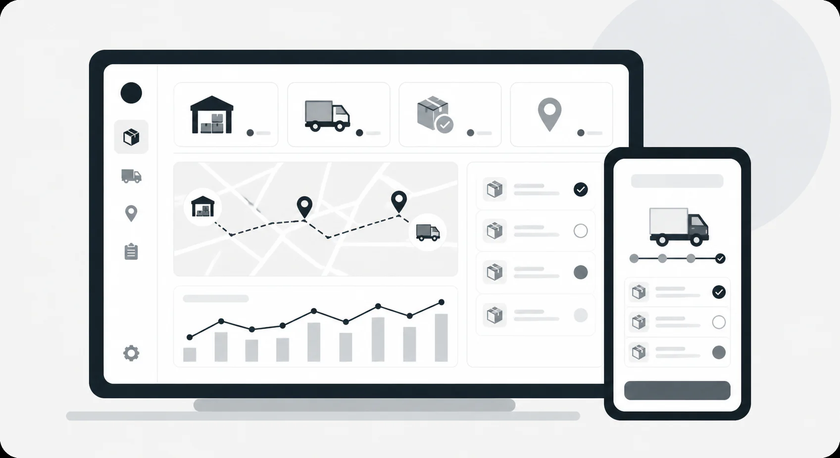 Logistics dashboard with warehouse, delivery route, shipment status, and performance tracking