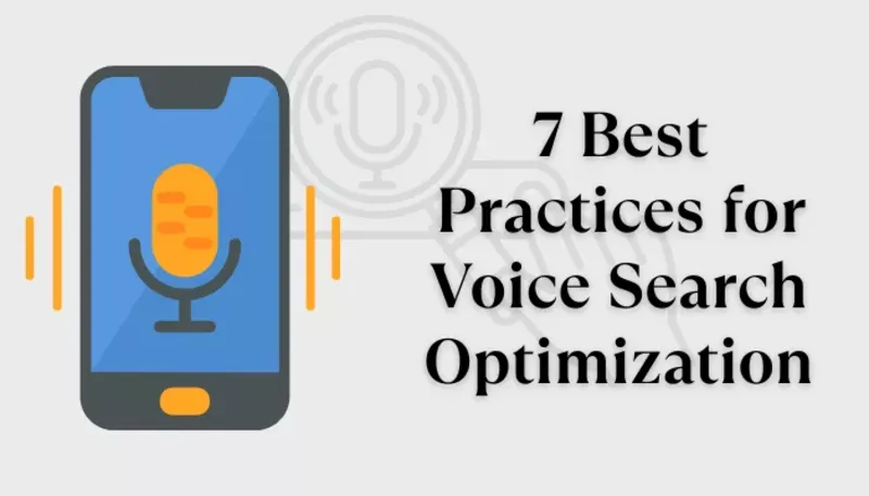 Infographic showing 7 best practices for voice search, including keywords, mobile SEO, and technical SEO.