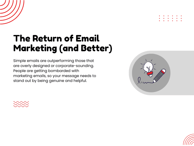 Slide on email content marketing tips focused on simple, genuine, and helpful communication.